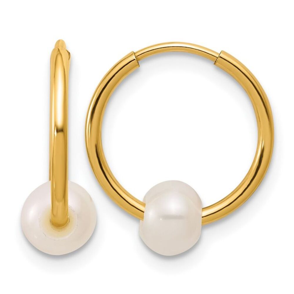 14K Gold Filled 4-5mm Round White FWC Pearl Hollow Hoop Earrings, 14mm